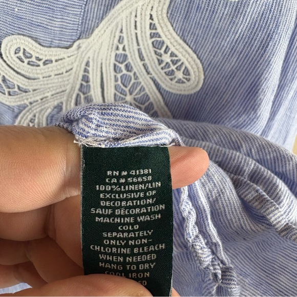 Lauren Ralph Lauren Blue Linen Embellished Crochet Lace Long Sleeve Blouse Large - Picture 10 of 10